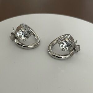 Silver Crystal Loop Stud Earrings - Clear/Silver